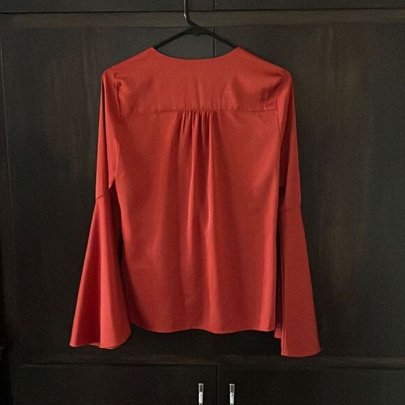 Boston Proper Orange Satin Bell Sleeve Faux Wrap Top Size 6 - Picture 3 of 6